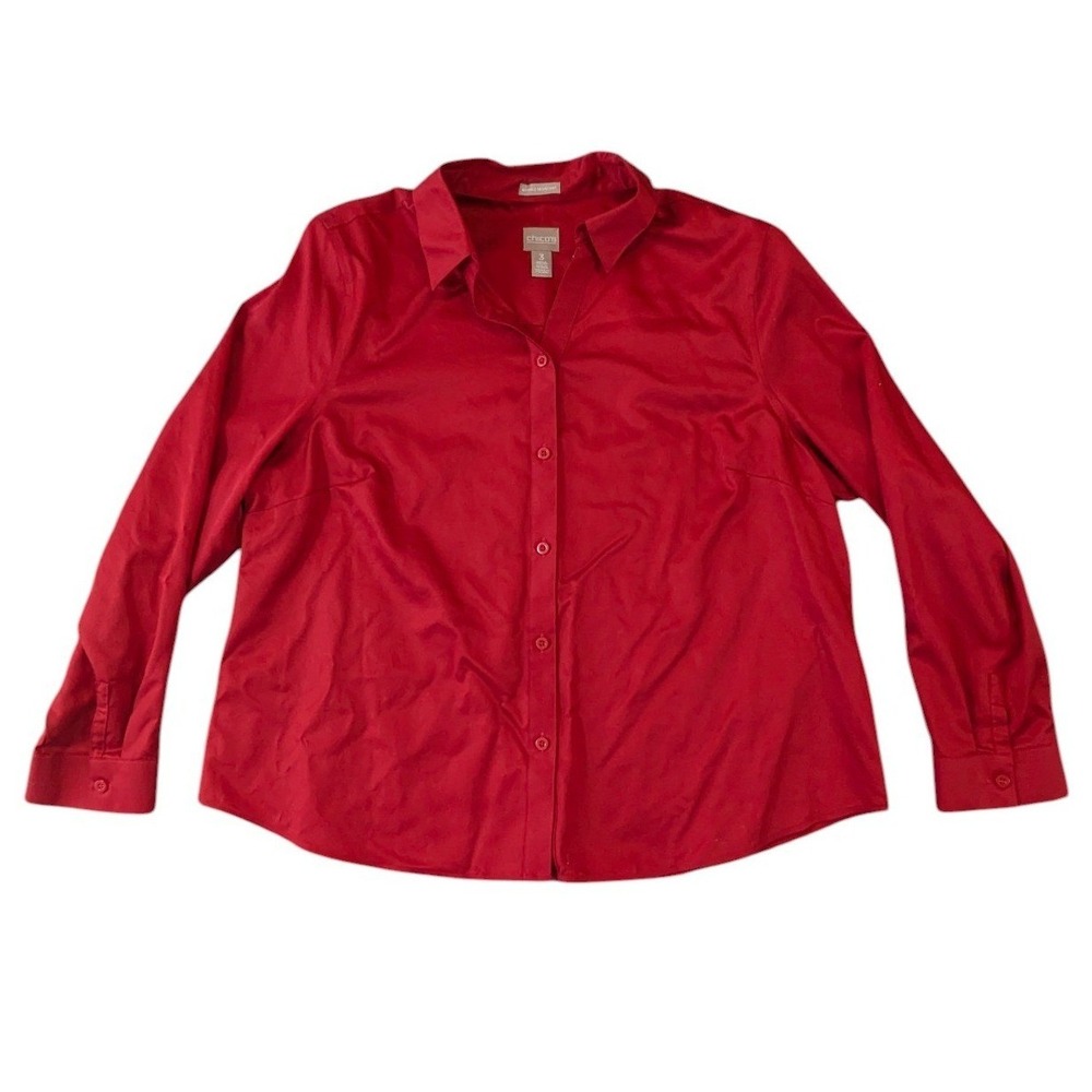 Chicos Red Wrinkle Resistant 100% Cotton Button Down Shirt Blouse Size 3 / XL